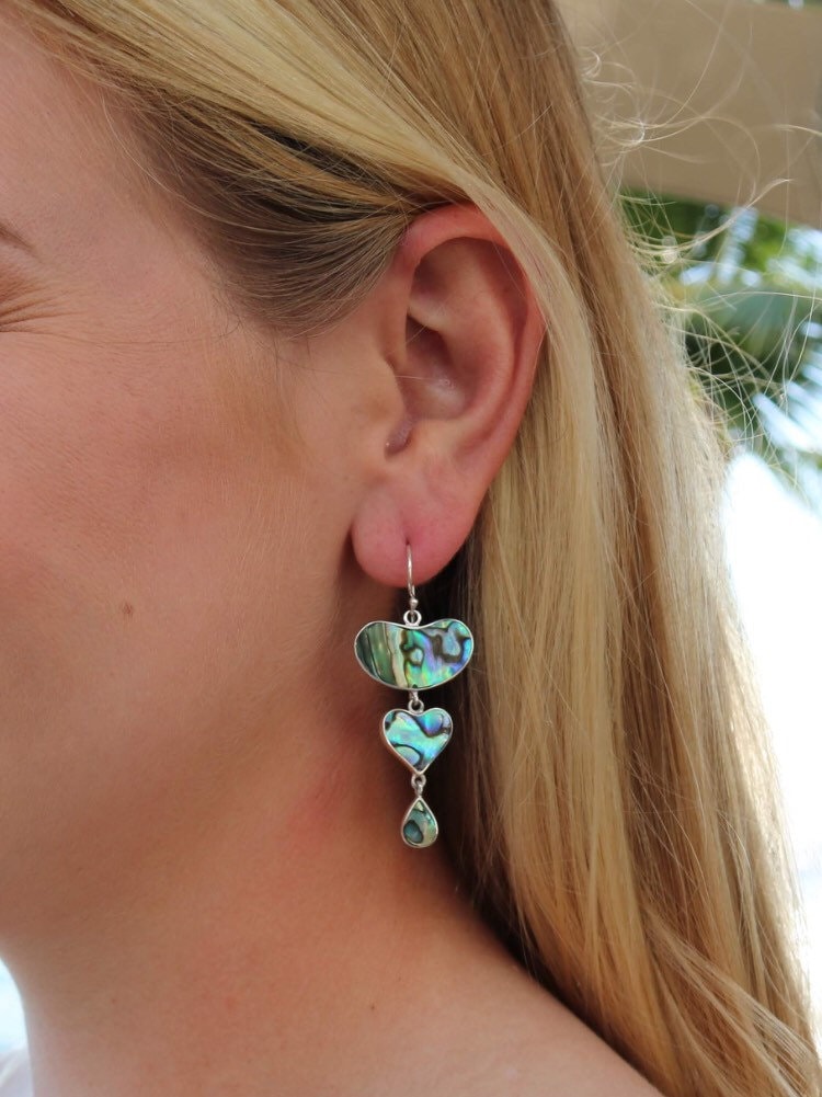 Heart Teardrop Earrings. Abalone Paua Shell. Sterling Silver.