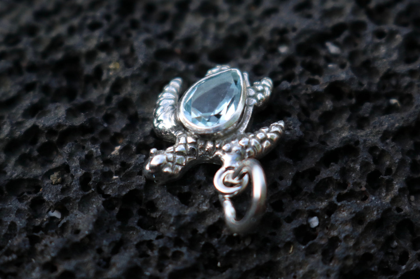 Turtle Charm Blue Topaz Necklace Pendant. Sterling Silver.