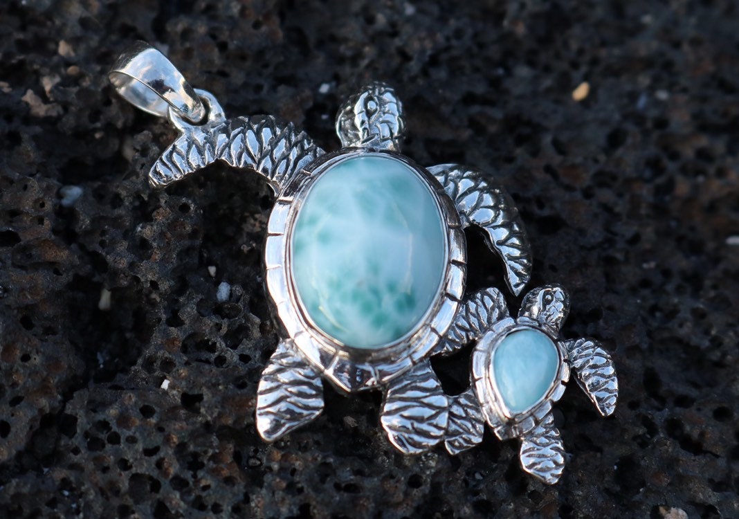 Larimar Turtle and Baby Necklace Pendant Jewelry. Sterling Silver.