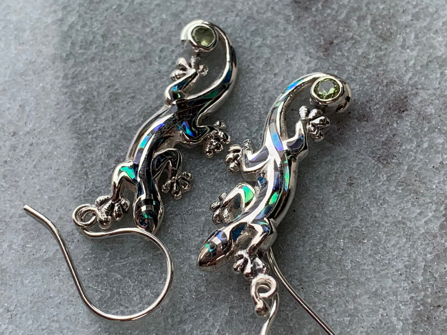 Gecko Lizard Salamander Earrings Silver Peridot