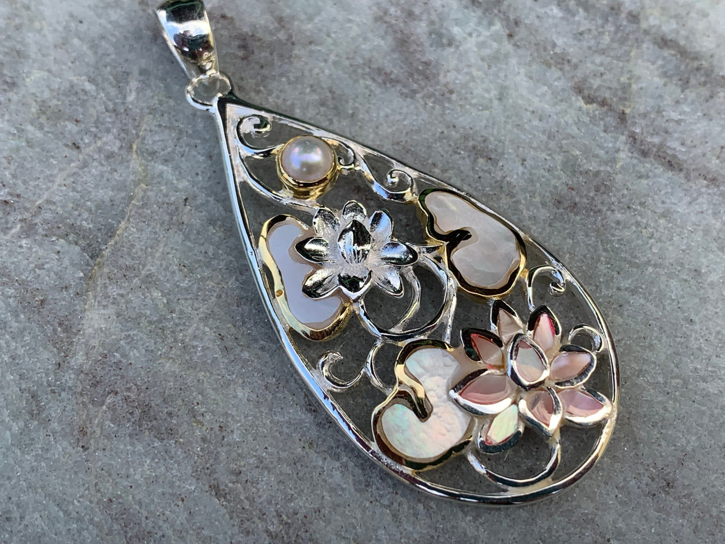 Pink Lotus Flower Necklace Pendant. Sterling Silver, Pearl, Gold, Mother of Pearl.