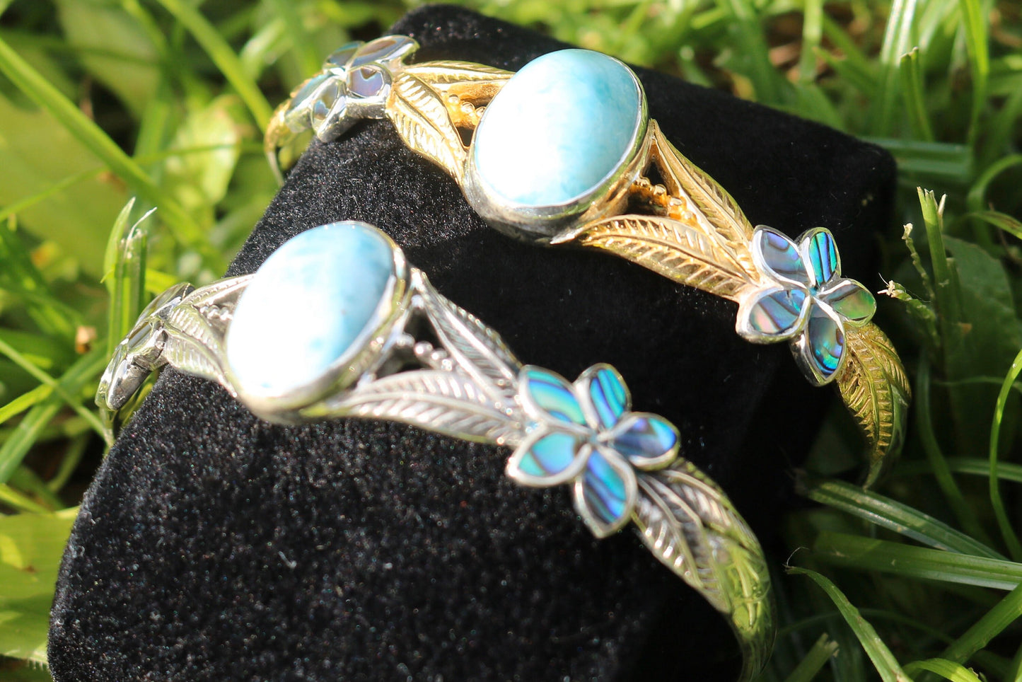 Larimar Cuff Bracelet with Plumeria Flower. Abalone Paua Shell and Sterling Silver.