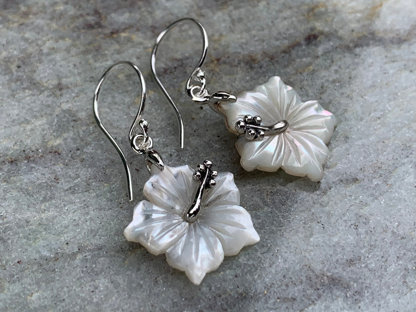 Hibiscus Flower Necklace Earrings. Hawaiian State Flower. Sterling Silver, Mother of Pearl