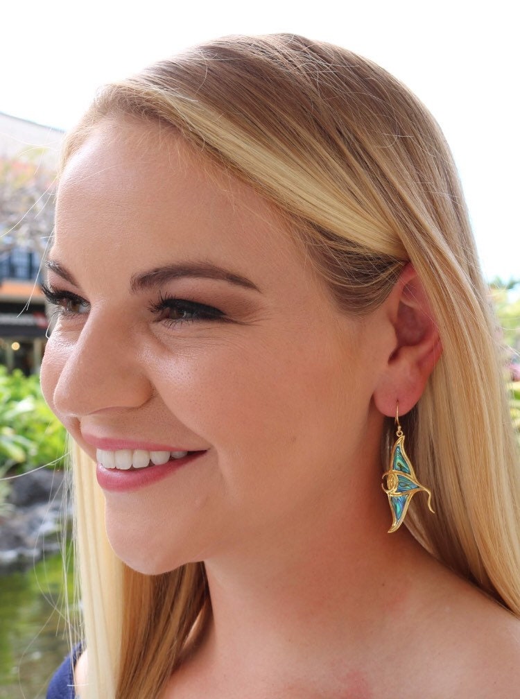 18K Gold Vermeil Manta Ray Stingray Earrings Handmade | Abalone | Paua Shell | Sterling Silver