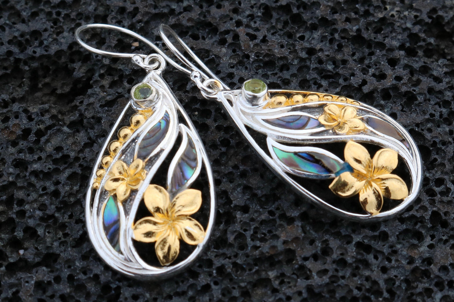 18K Gold Vermeil Plumeria Flowers Teardrop Earrings. Abalone Shell, Sterling Silver, Peridot.