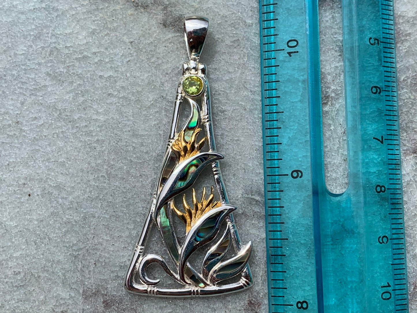 Bird of Paradise Flower Peridot Silver Gold Shell Necklace Pendant