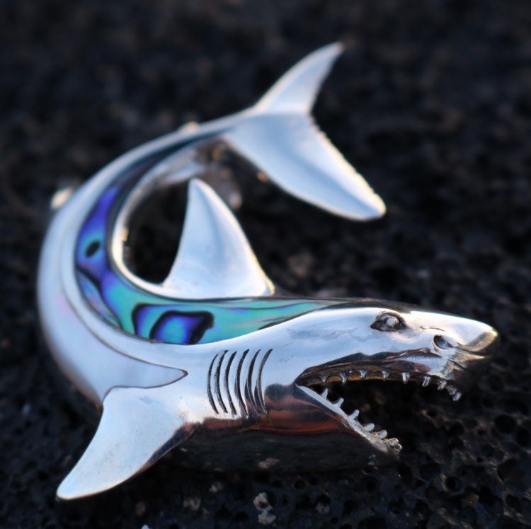 Shark Necklace Pendant. Sterling Silver, Mother of Pearl, Abalone Paua Shell.