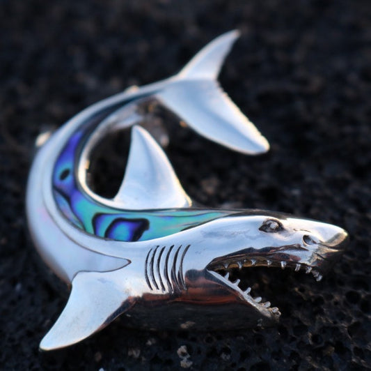Shark Necklace Pendant. Sterling Silver, Mother of Pearl, Abalone Paua Shell.