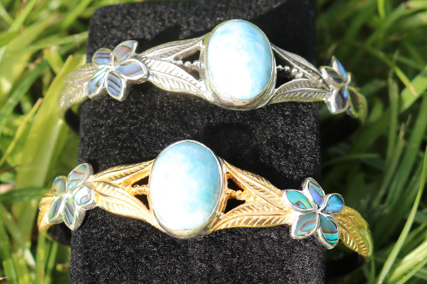 Larimar Cuff Bracelet with Plumeria Flower. Abalone Paua Shell and Sterling Silver.