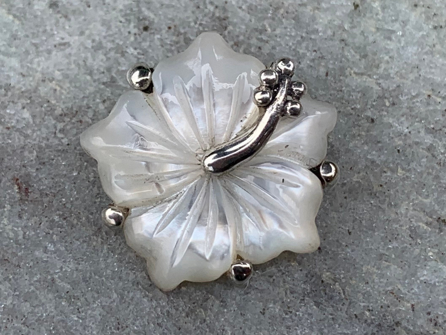Hibiscus Flower Necklace Pendant. Hawaiian State Flower. Sterling Silver, Mother of Pearl
