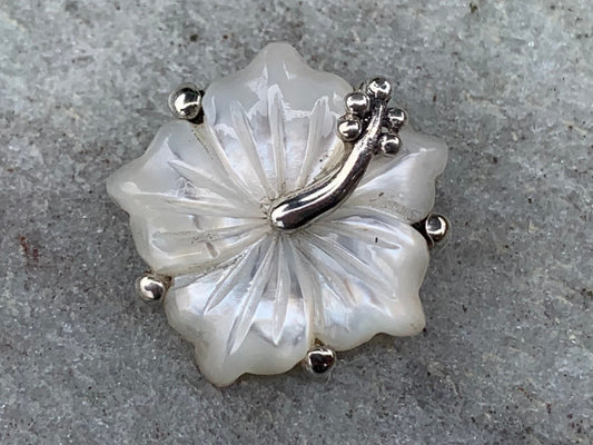 Hibiscus Flower Necklace Pendant. Hawaiian State Flower. Sterling Silver, Mother of Pearl