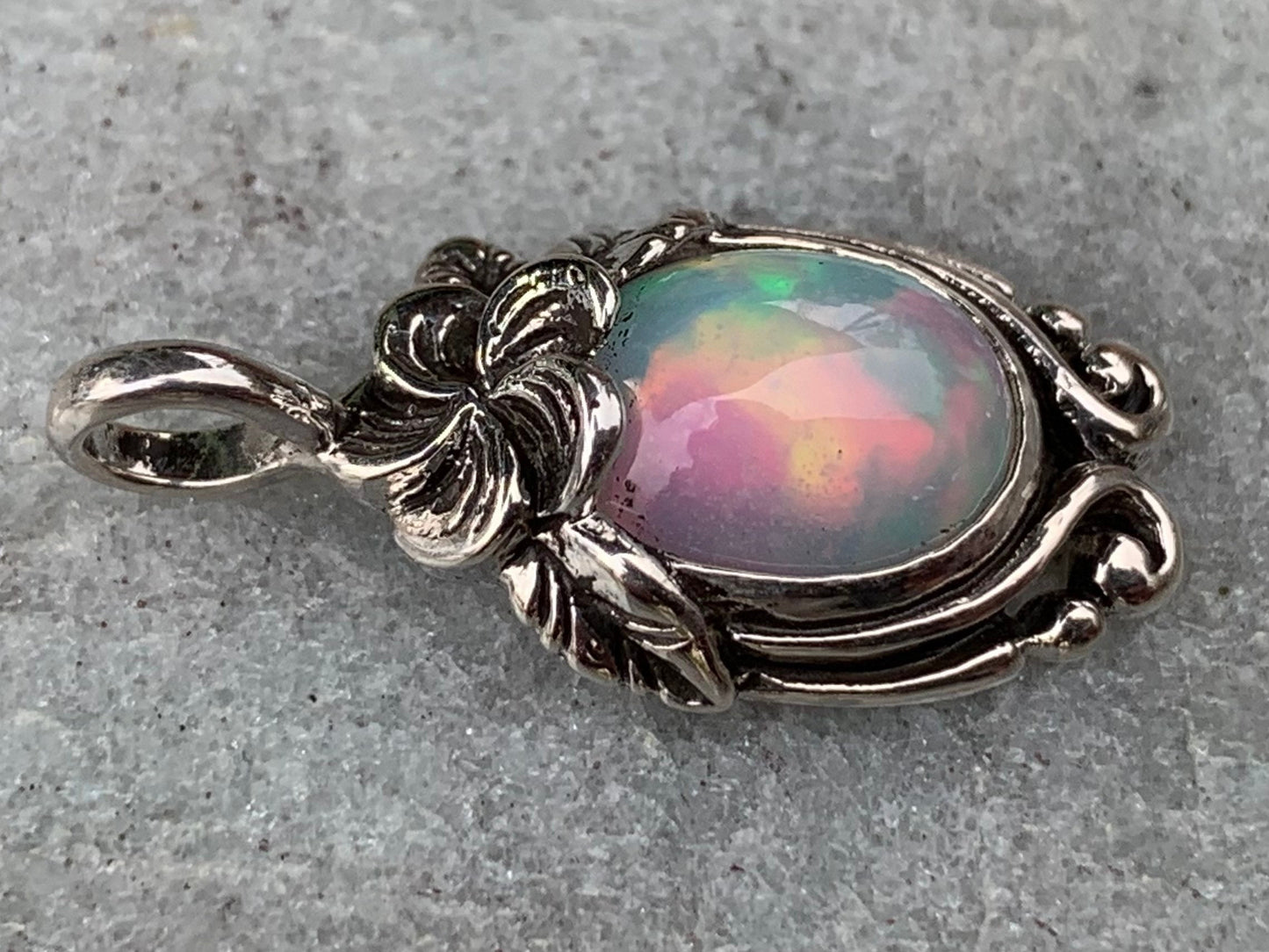 Opal Plumeria Flower Necklace Pendant. Sterling Silver.
