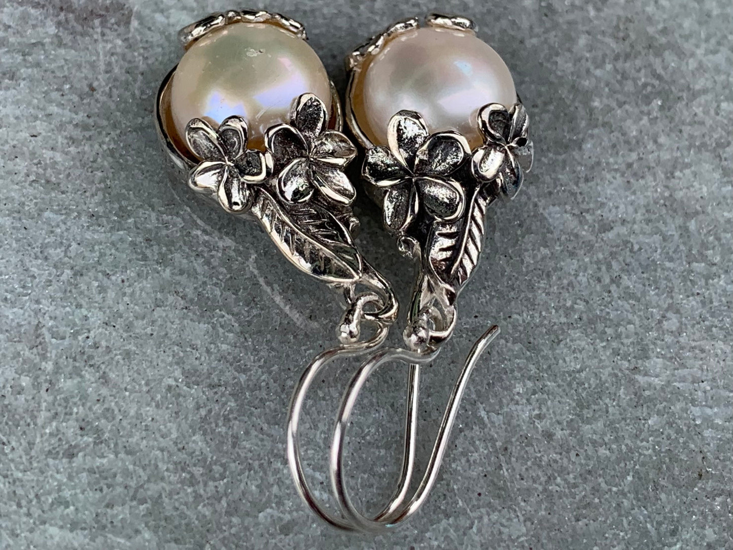 Plumeria Flower White Mabe Pearl Silver Earrings