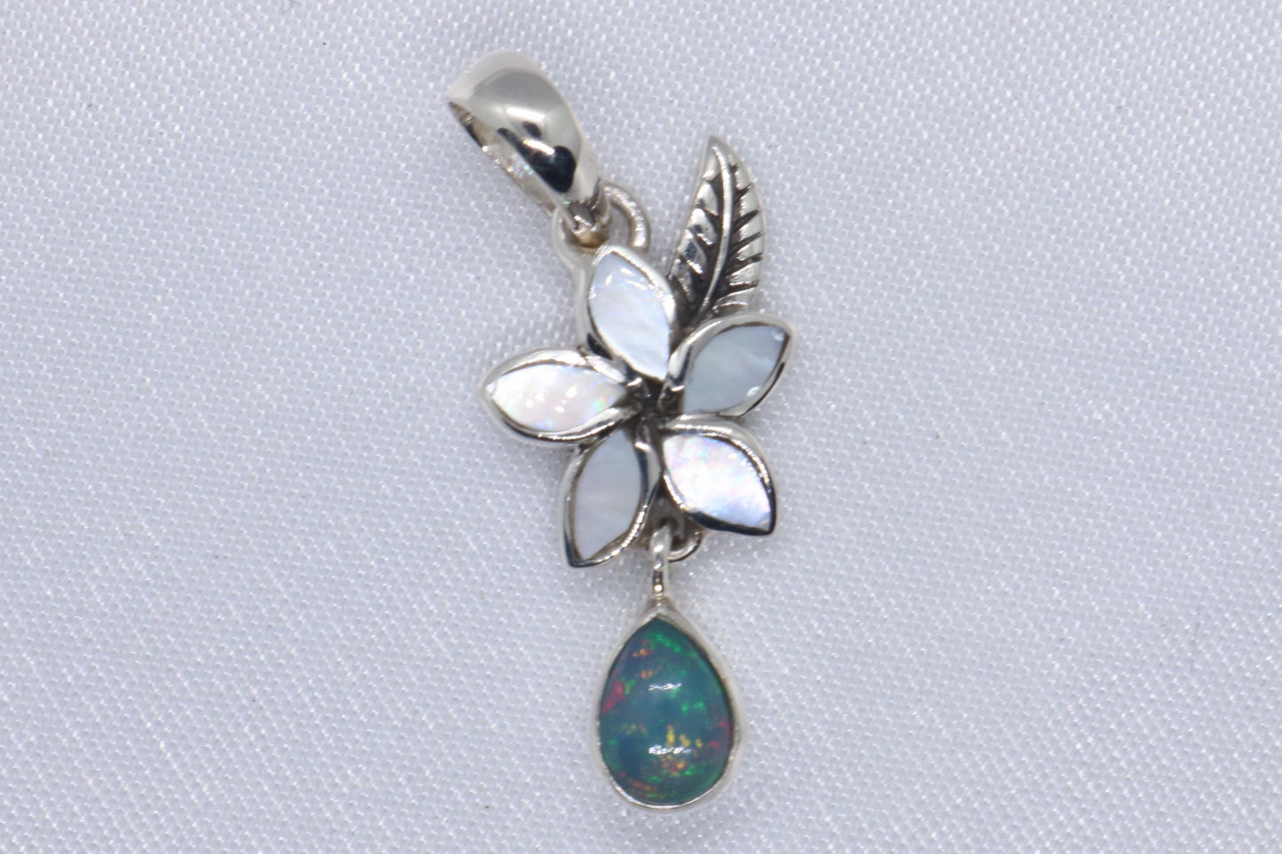 Opal Plumeria Flower Silver Mother of Pearl Necklace Pendant