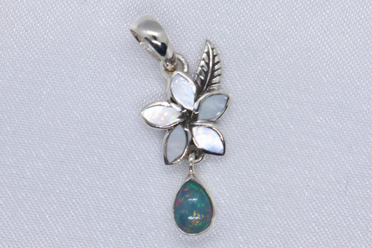Opal Plumeria Flower Silver Mother of Pearl Necklace Pendant