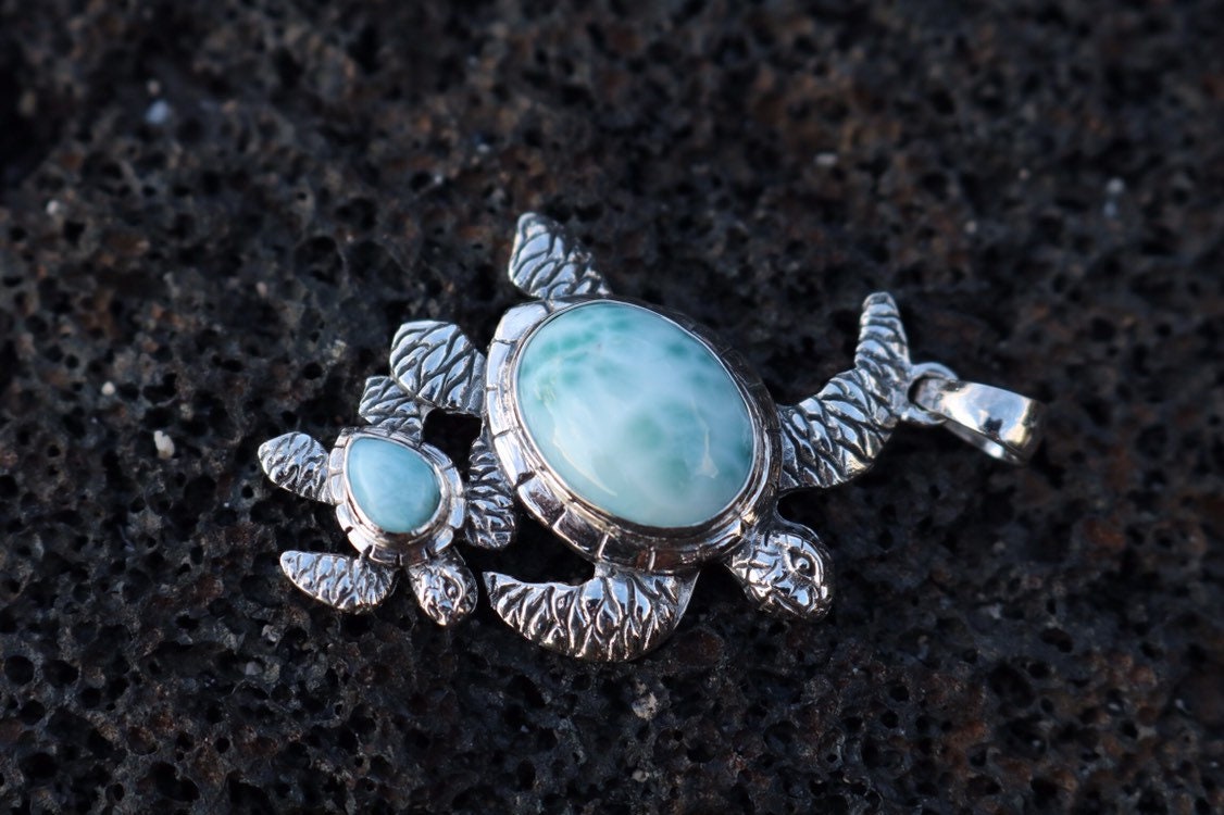 Larimar Turtle and Baby Necklace Pendant Jewelry. Sterling Silver.