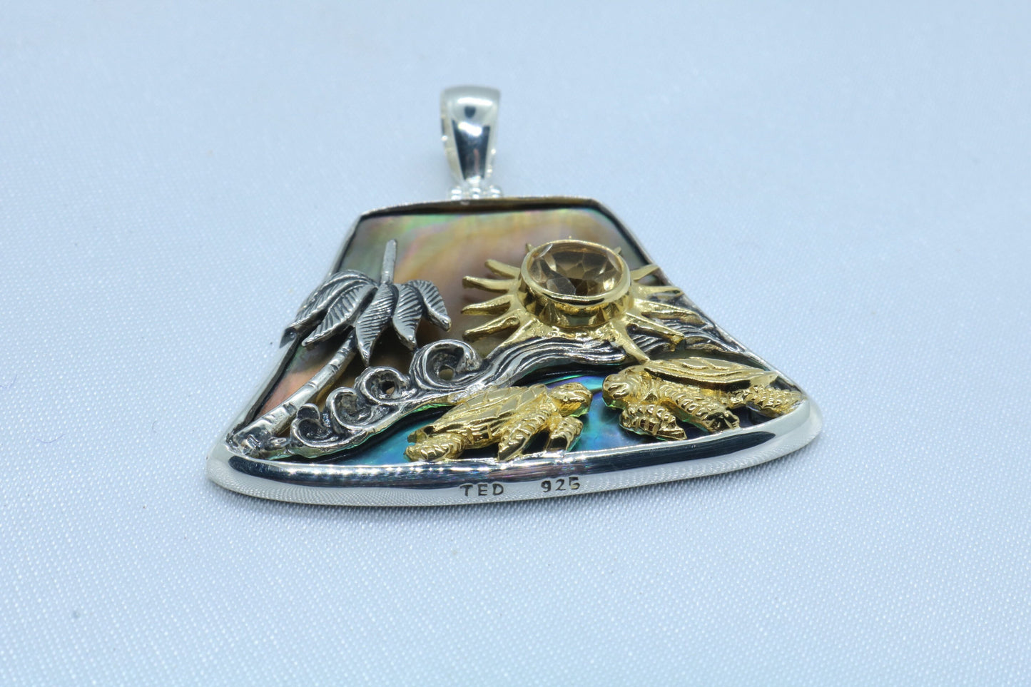 Sun Wave Beach Palm Tree Turtle Play Necklace Pendant. Silver, Gold, Abalone Shell, Citrine.