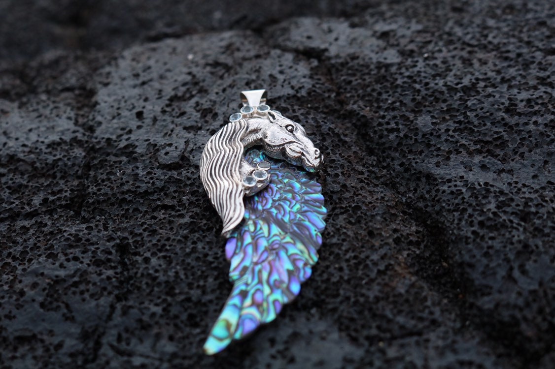 Pegasus Horse Wings Cowgirl Jewelry Necklace Pendant. Sterling Silver, Blue Topaz, Abalone Shell.