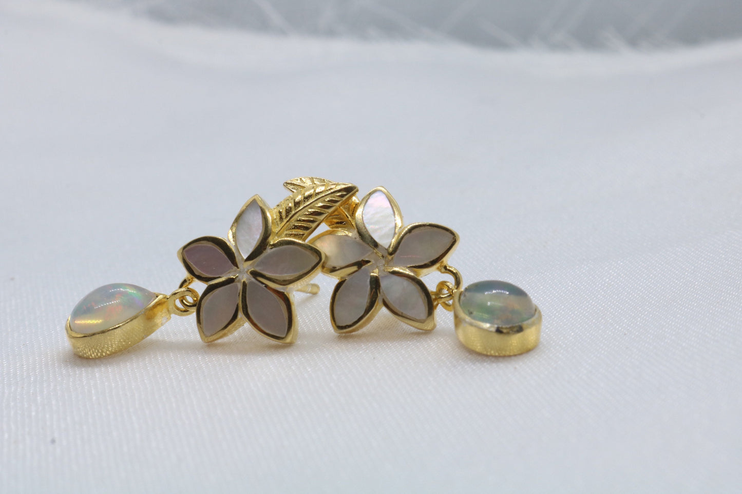 Opal Plumeria Flower 18K Gold Mother of Pearl Stud Earrings