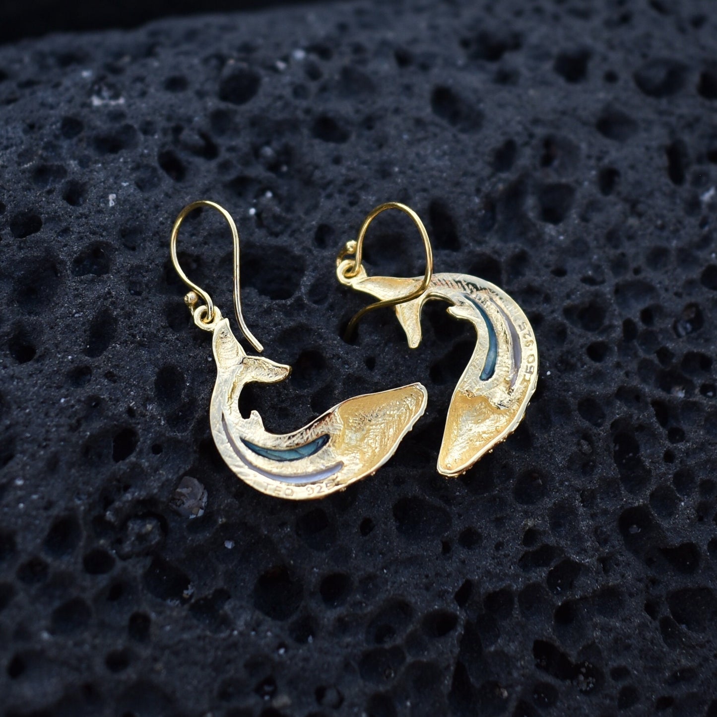 18K Gold Vermeil Whale earrings. Abalone Shell. Mother of Pearl.