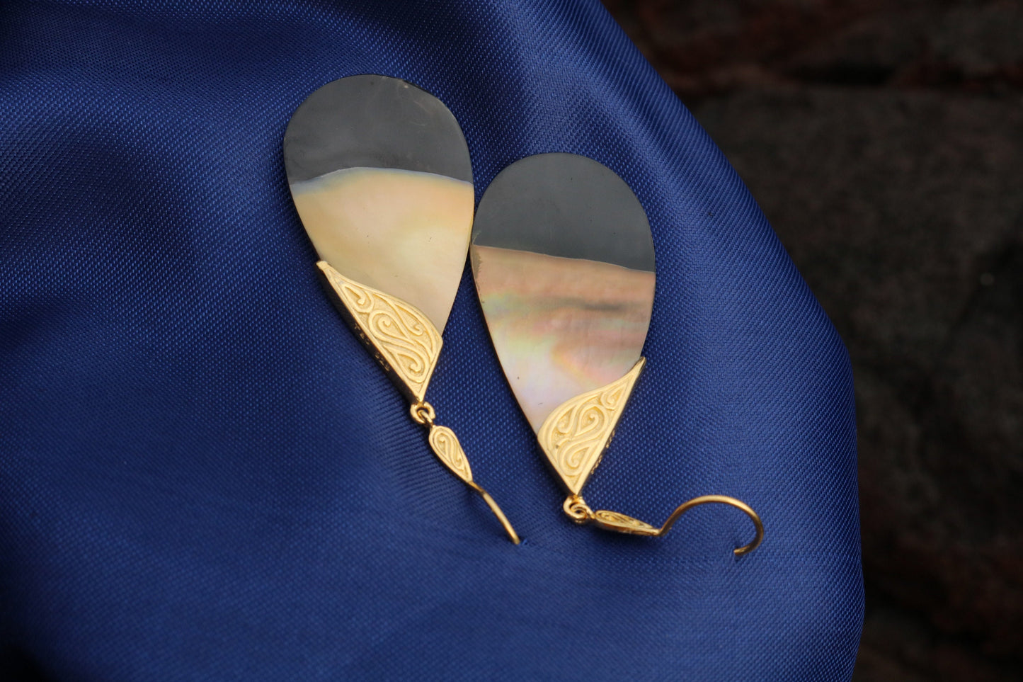 18k Gold Teardrop Black Oyster Shell Earrings Tribal Design. Sterling Silver.