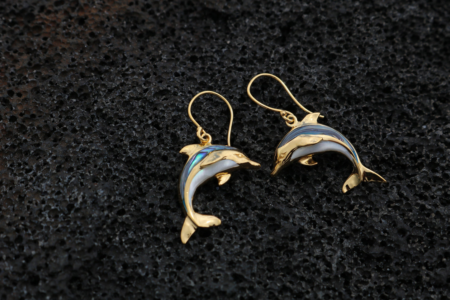 18K Gold Vermeil Aumakua Dolphins Earrings. Abalone Paua Shell, Mother of Pearl, 18K Gold, Sterling Silver.