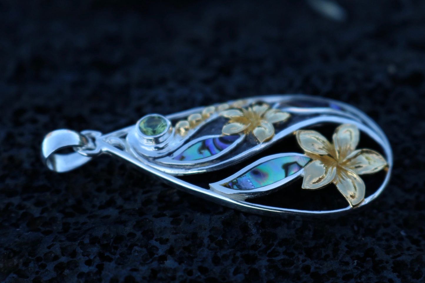 18K Gold Vermeil Teardrop Peridot Plumeria Flower Necklace Pendant. Abalone Shell. Sterling Silver.