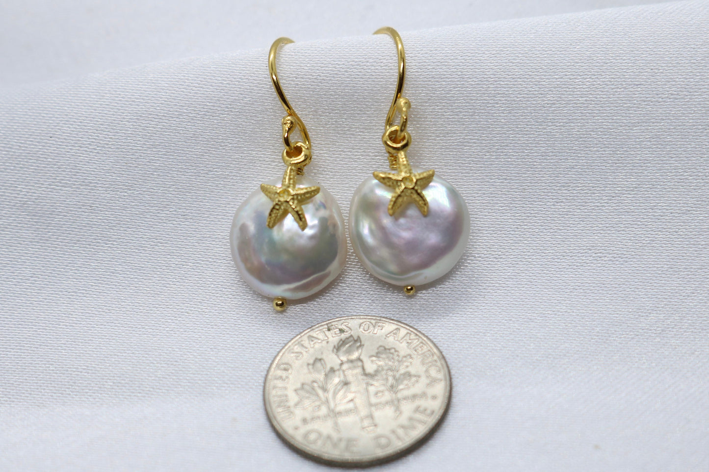 Starfish Pearl Charm Coin 18k Vermeil Gold Earrings