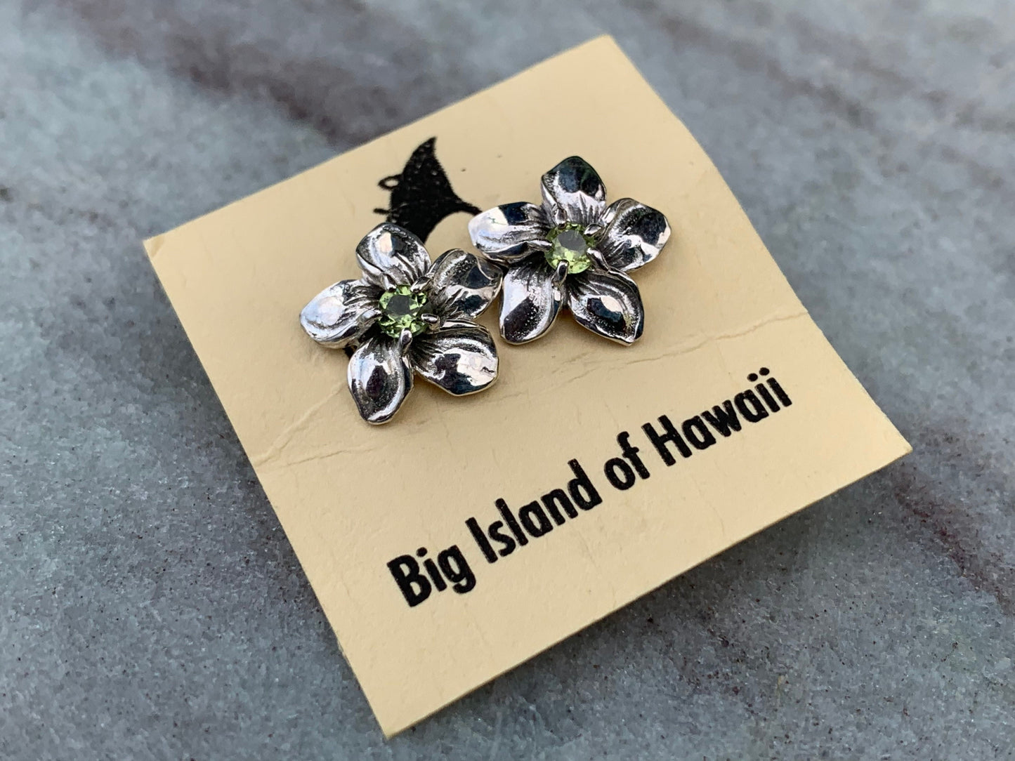 Plumeria Flower Earrings Studs. Sterling Silver. Peridot.
