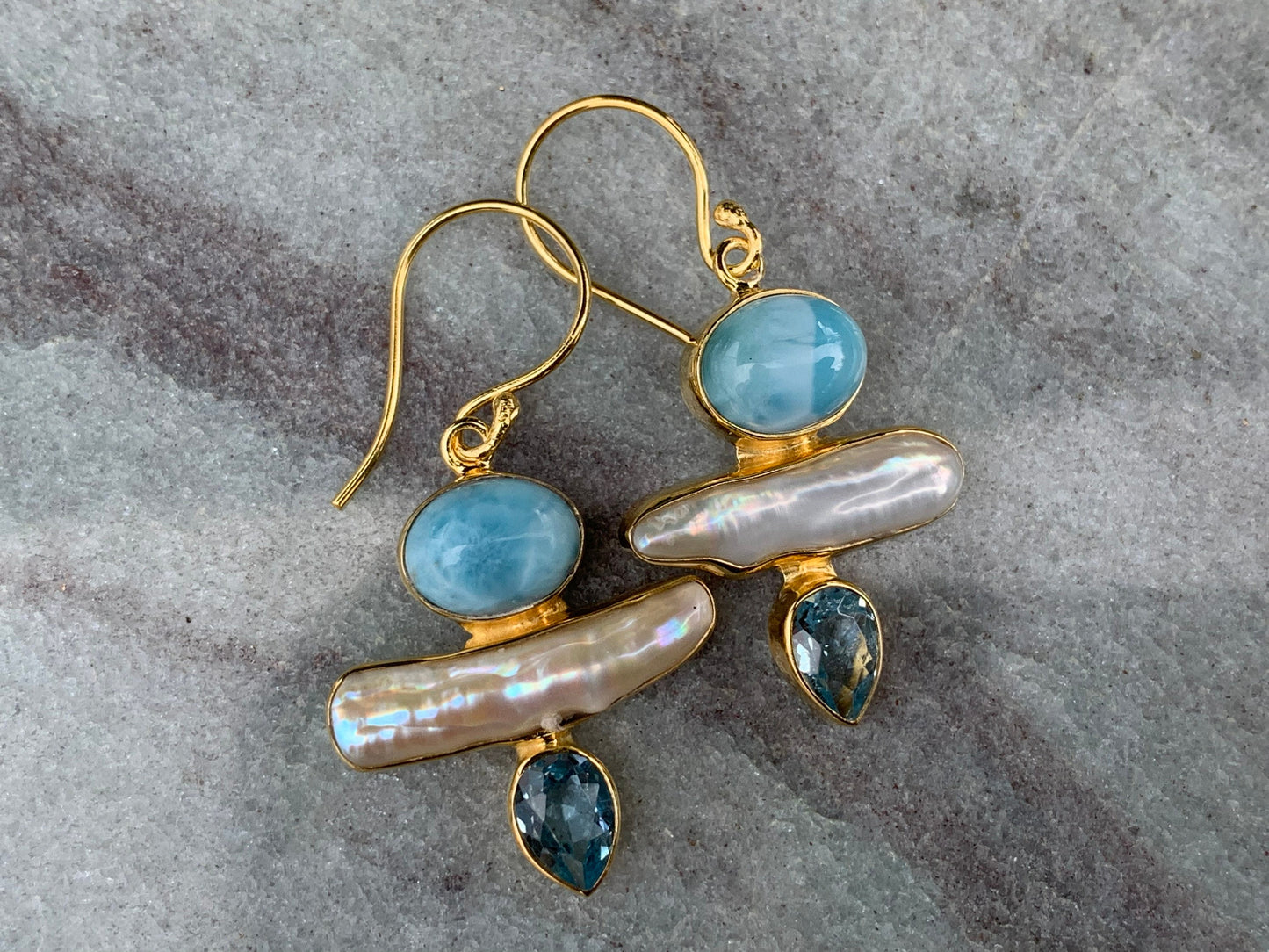 Larimar, Pearl, Blue Topaz 18k Gold Vermeil Earrings.