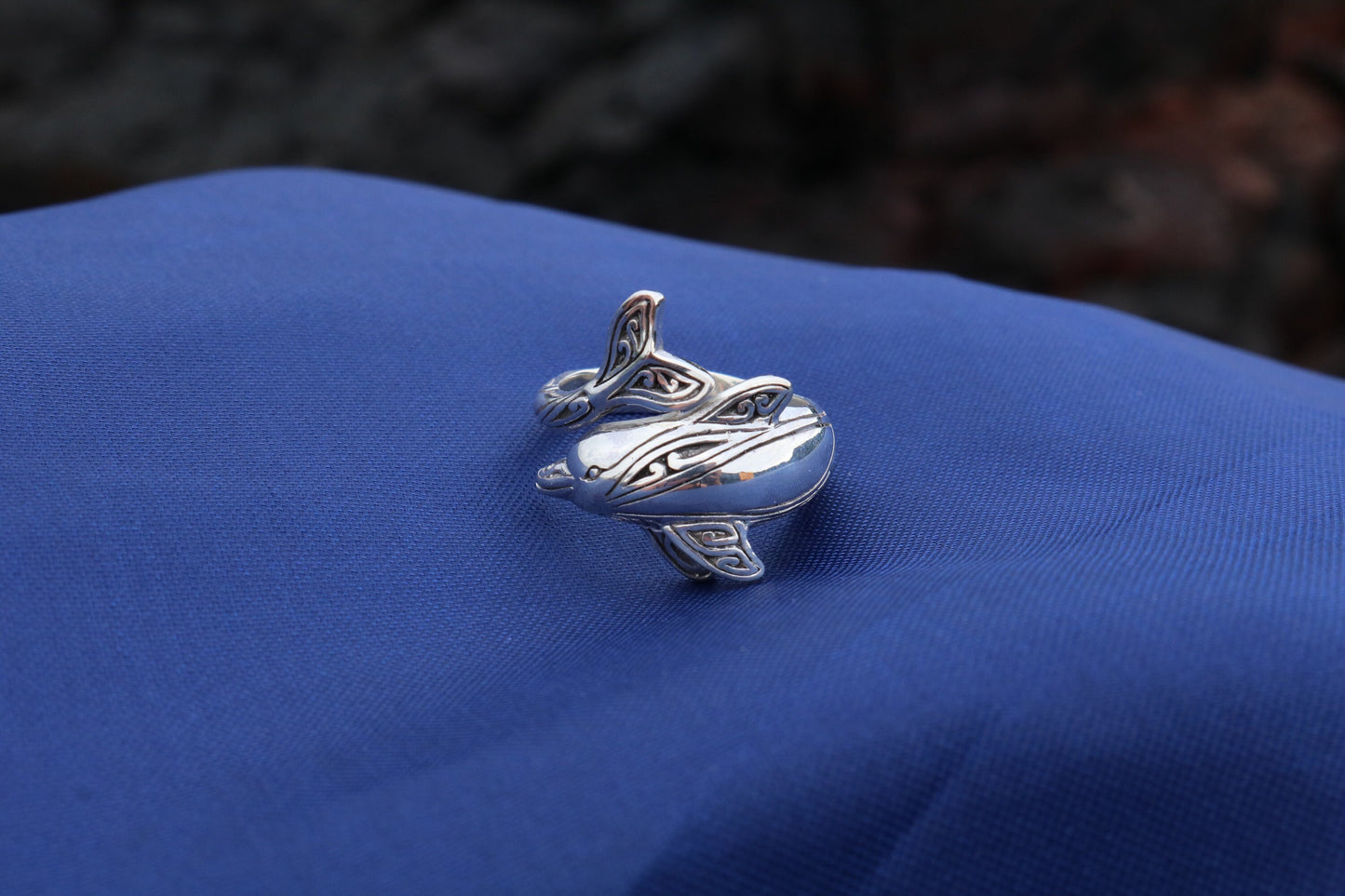 Dolphin Ring Tribal Polynesian Tattoo Design Naia. Sterling Silver.