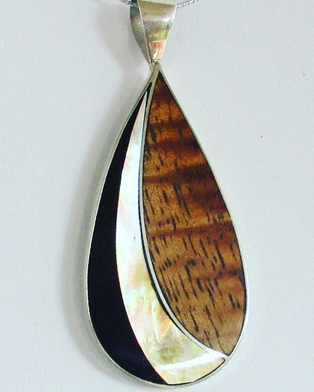 Teardrop Necklace Pendant | Black Ouster Shell | Sterling Silver | Koa Wood | Gift | Jewelry | Handmade | Unique