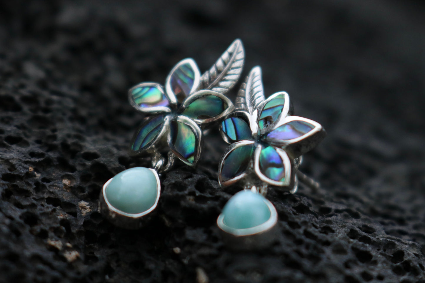 Plumeria Flower Larimar Abalone Shell Stud Earrings. Sterling Silver.
