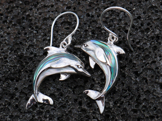 Aumakua Dolphin Earrings. Abalone Paua Shell, Mother of Pearl, Sterling Silver.