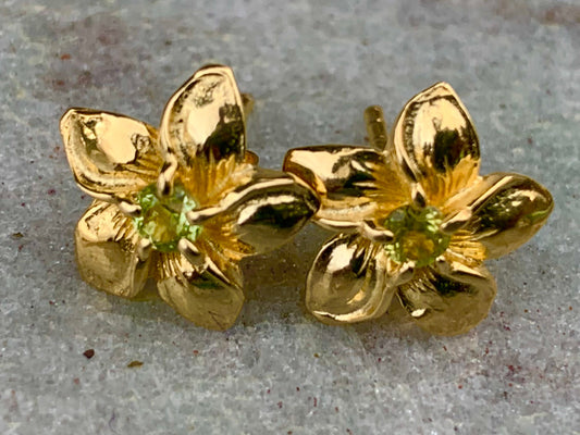 Plumeria Flower Gold Vermeil Earrings Studs. Peridot.