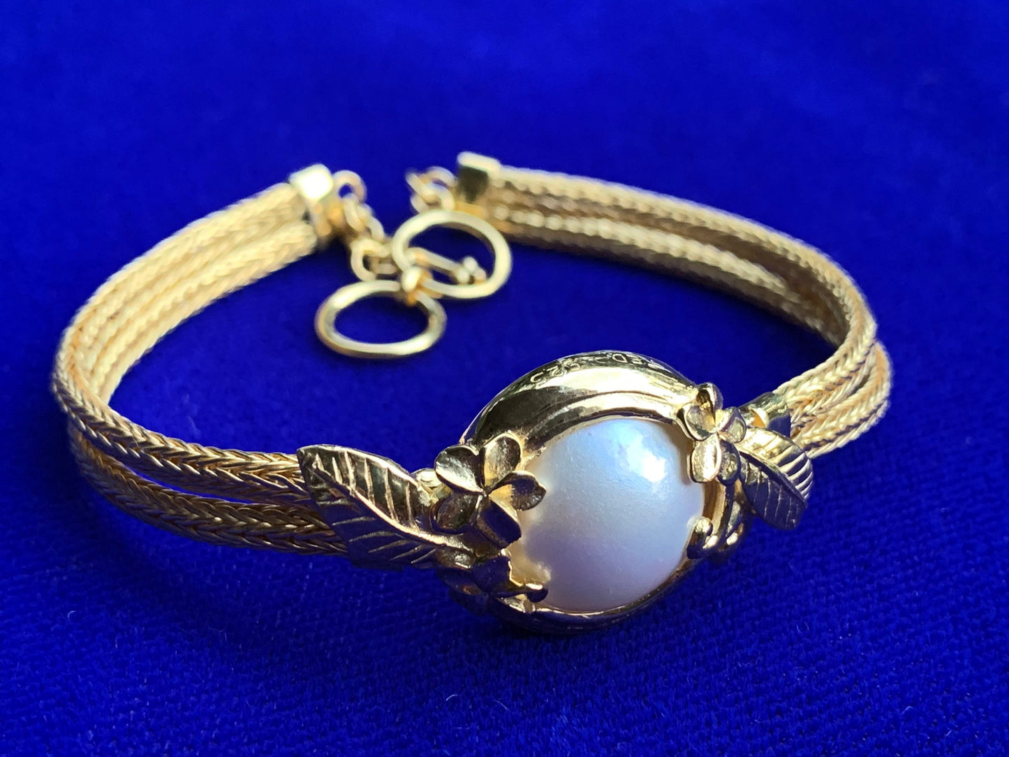18K Gold Vermeil Plumeria Flower Bracelet. White Mabe Pearl.