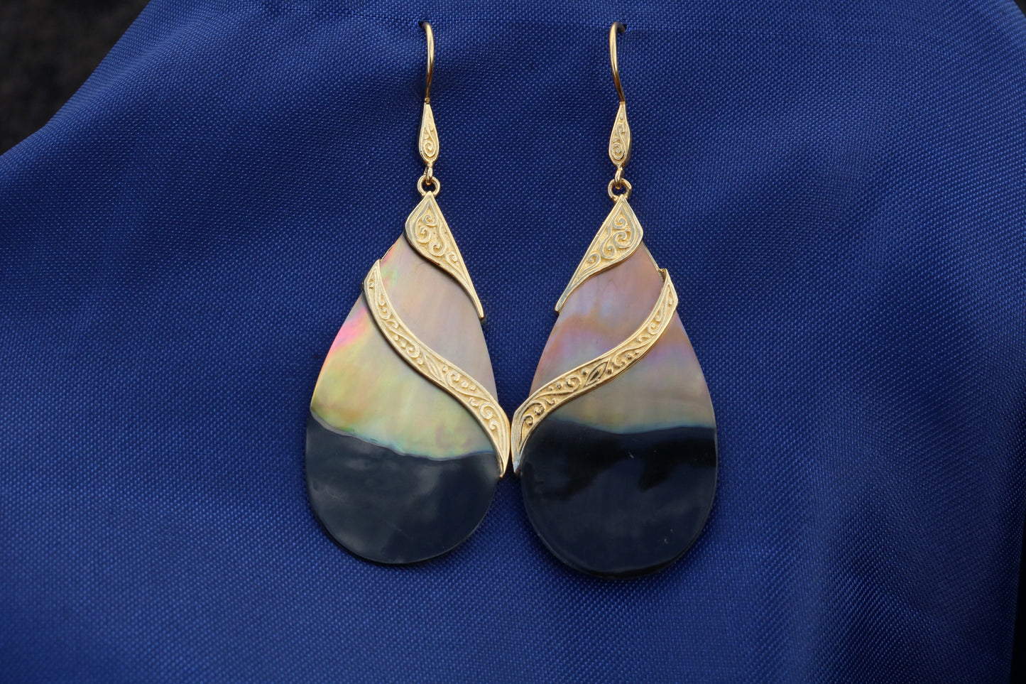 18k Gold Teardrop Black Oyster Shell Earrings Double Tribal Design. Sterling Silver.