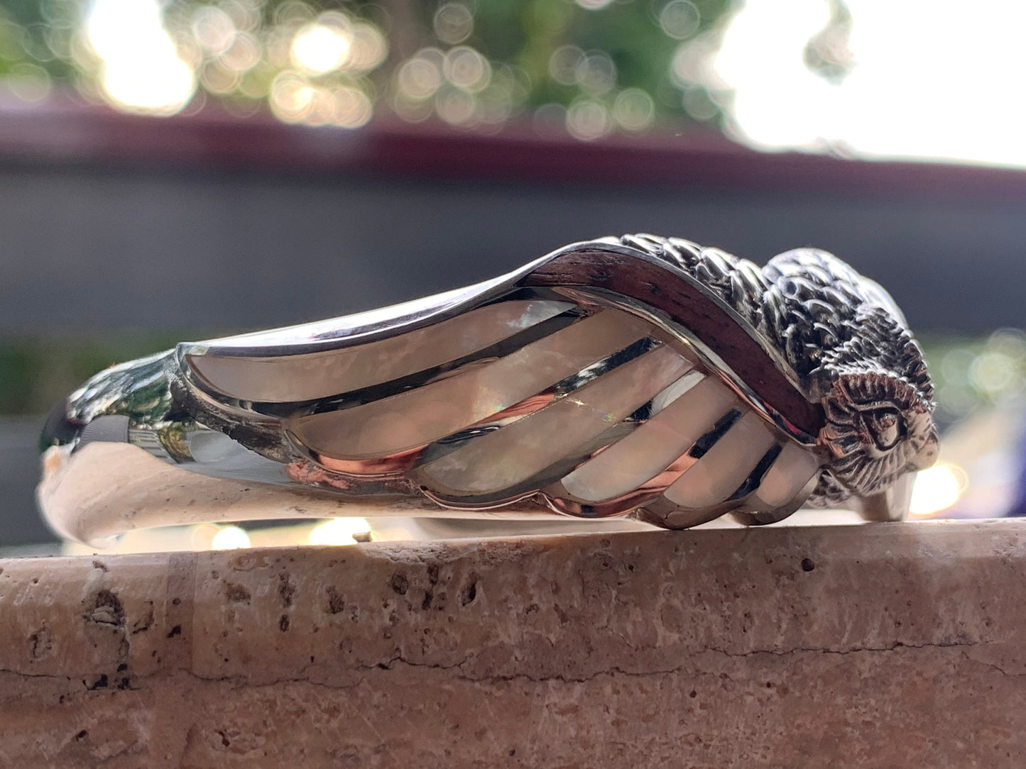 Owl cuff bracelet. Hawaiian Koa Wood. Mother of Pearl. Sterling Silver.