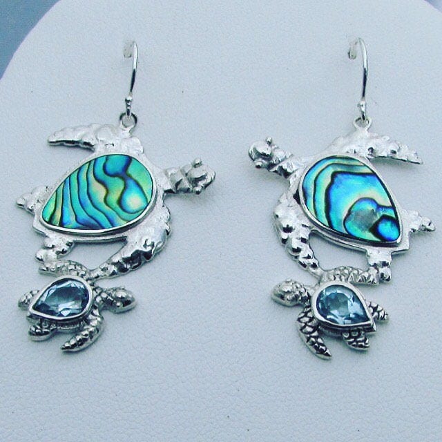 Sea Turtle Couple Earrings  | Abalone Paua Shell | Blue Topaz | Sterling Silver | Ocean | Beach | Gift | Jewelry | Handmade | Unique