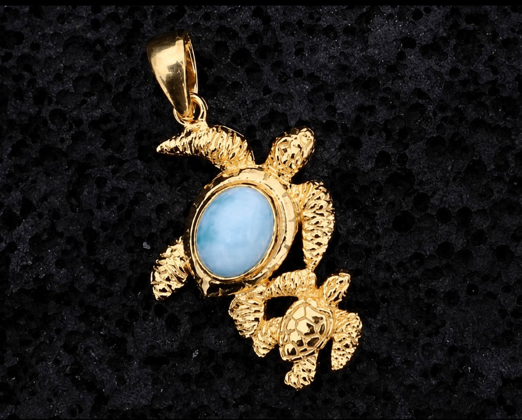 18k Gold Vermeil and larimar turtle (mom with baby) pendant necklace. Hawaiian Honu.