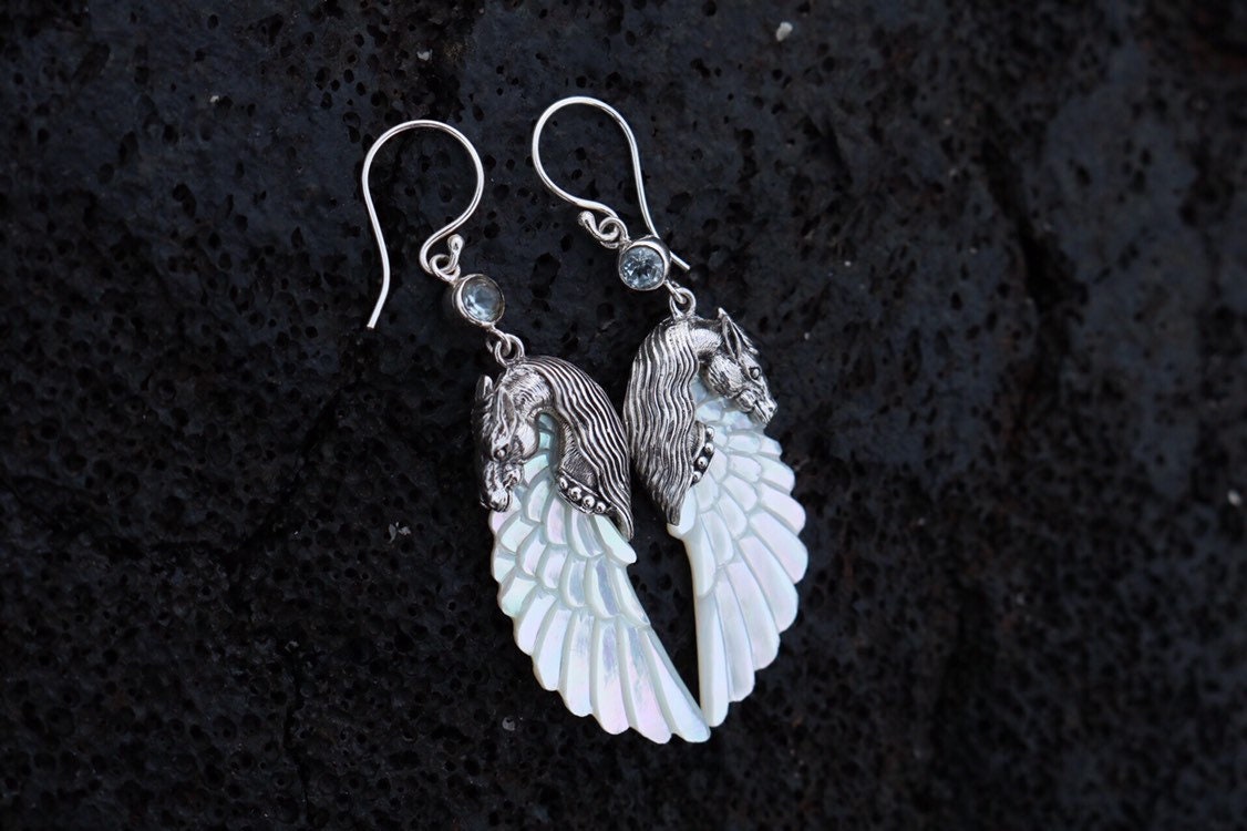 Pegasus Horse Wings Cowgirl Jewelry Earrings. Sterling Silver, Blue Topaz, Mother of Pearl.