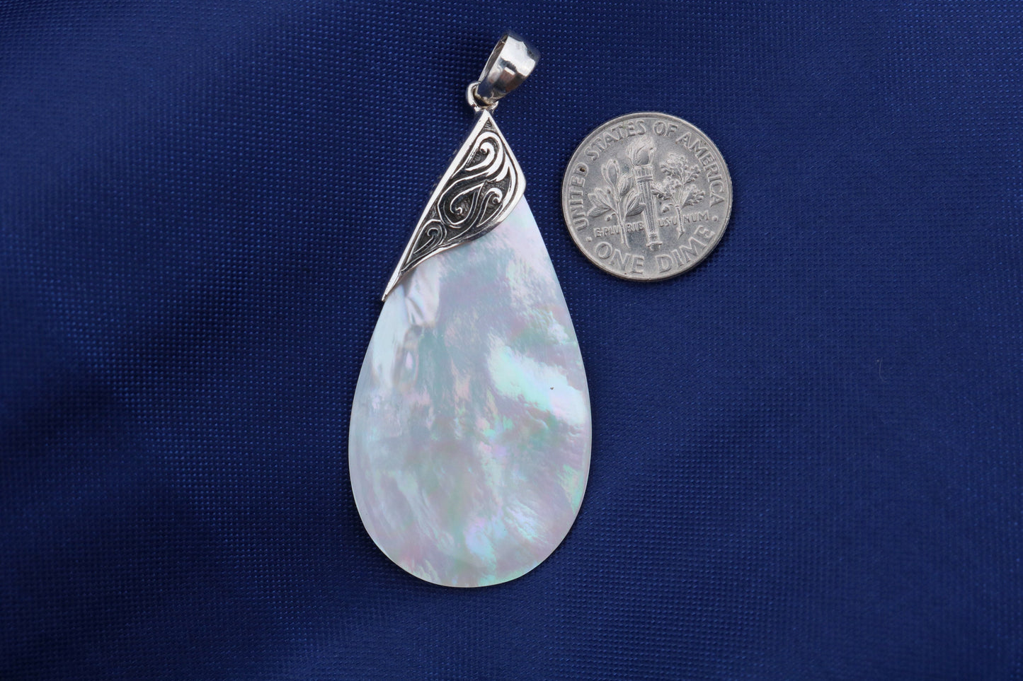 Mother of Pearl Teardrop Pendant Necklace. Sterling Silver.