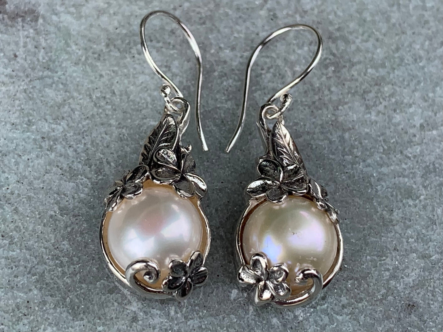 Plumeria Flower White Mabe Pearl Silver Earrings