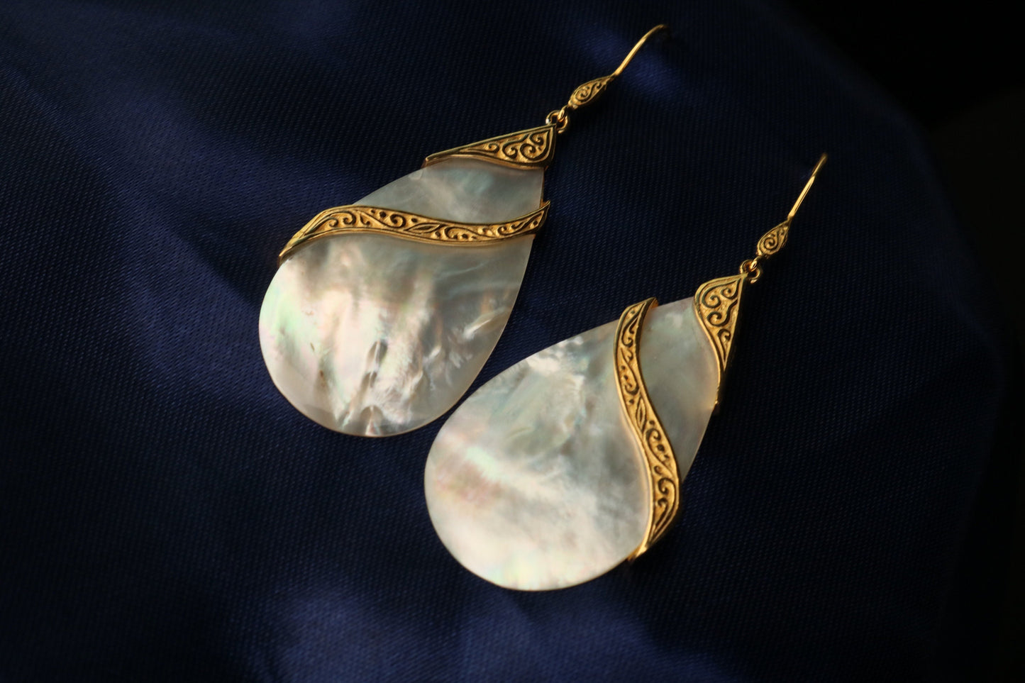 18K Gold Vermeil Mother of Pearl Teardrop Earrings Double Tribal Design. Sterling Silver.