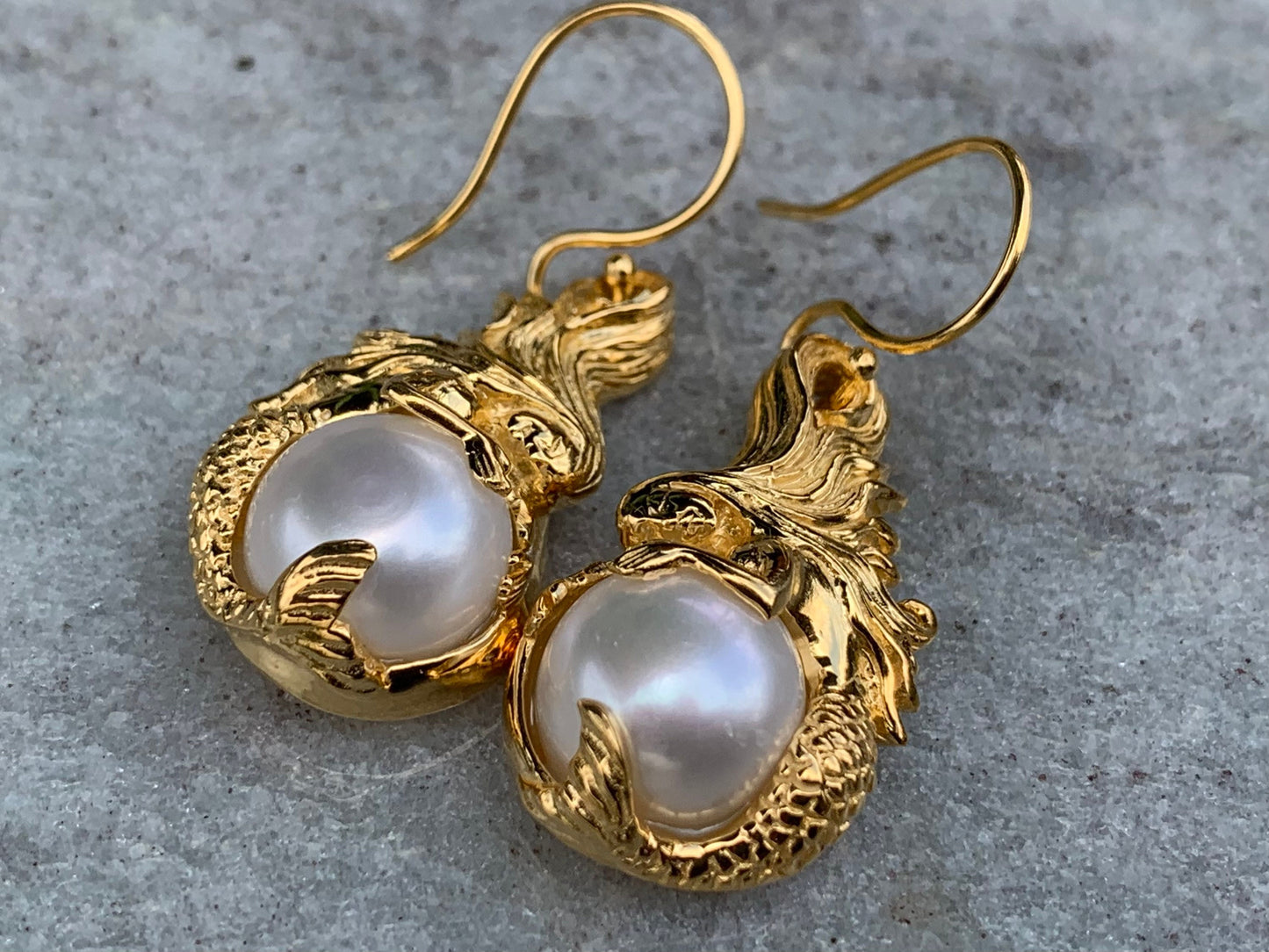 18k gold vermeil white mabe pearl mermaid earrings.