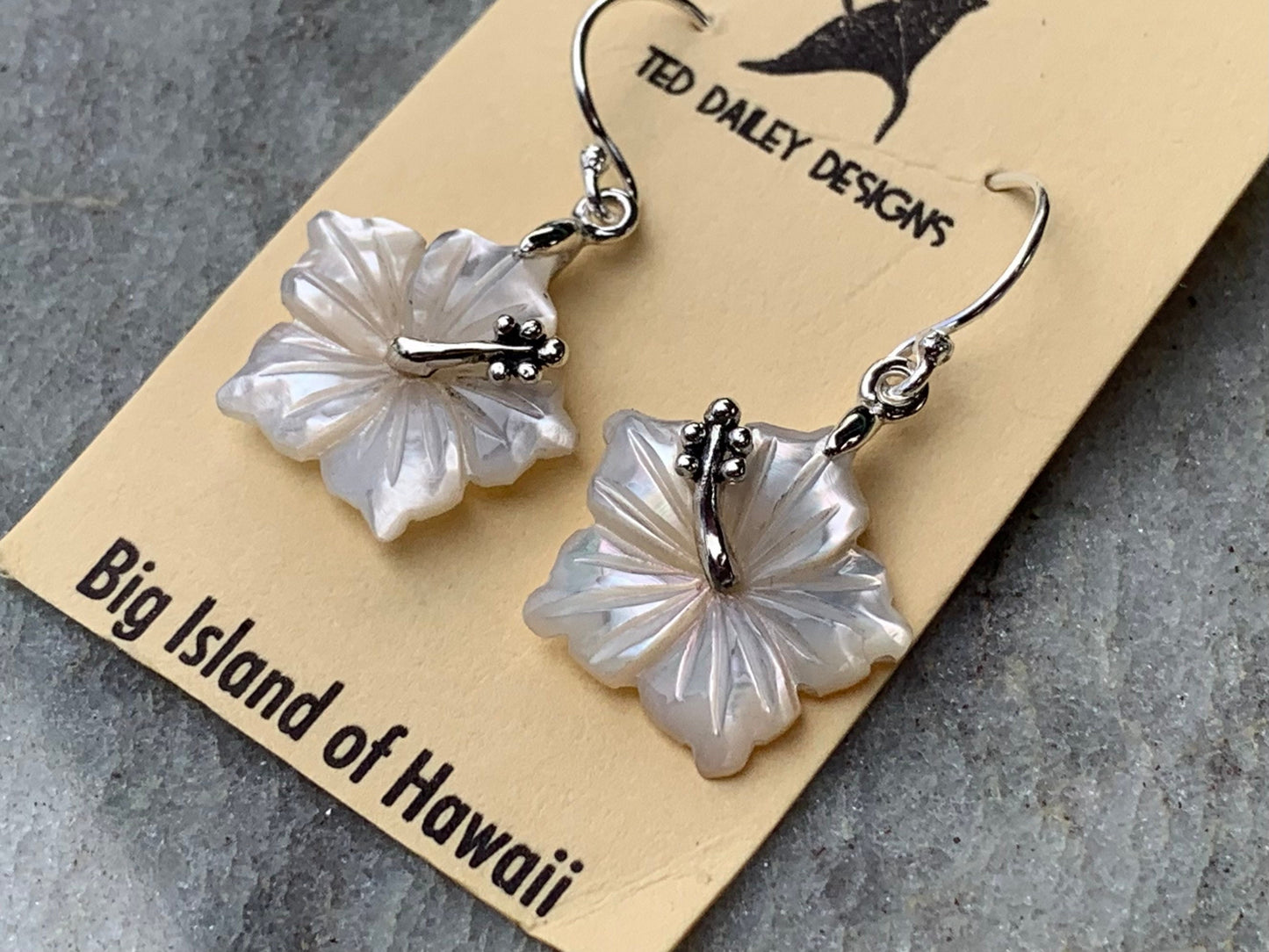 Hibiscus Flower Necklace Earrings. Hawaiian State Flower. Sterling Silver, Mother of Pearl