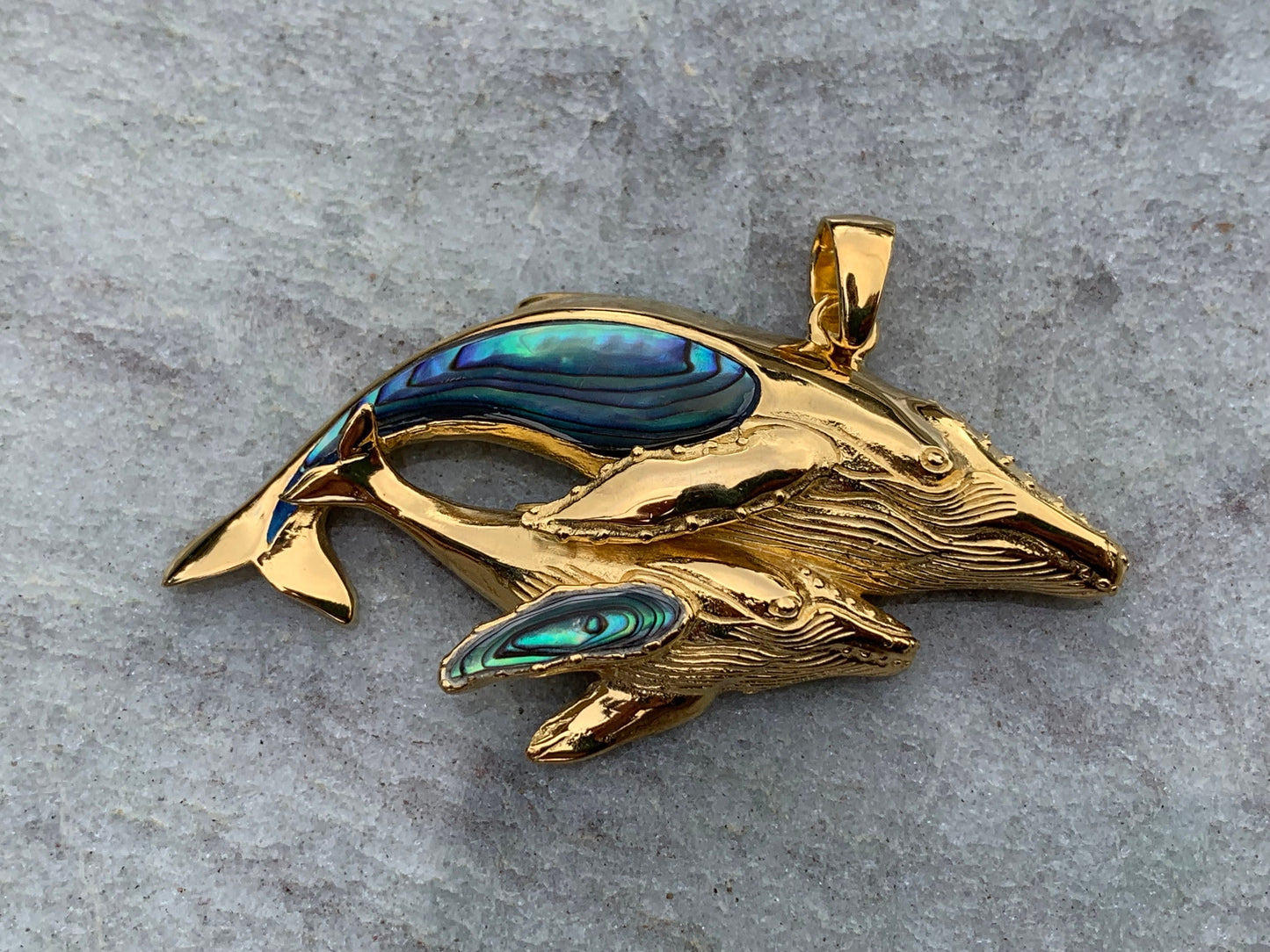Mother and Baby Humpback Whale Necklace Pendant. 18k Gold Vermeil, Abalone Paua Shell.