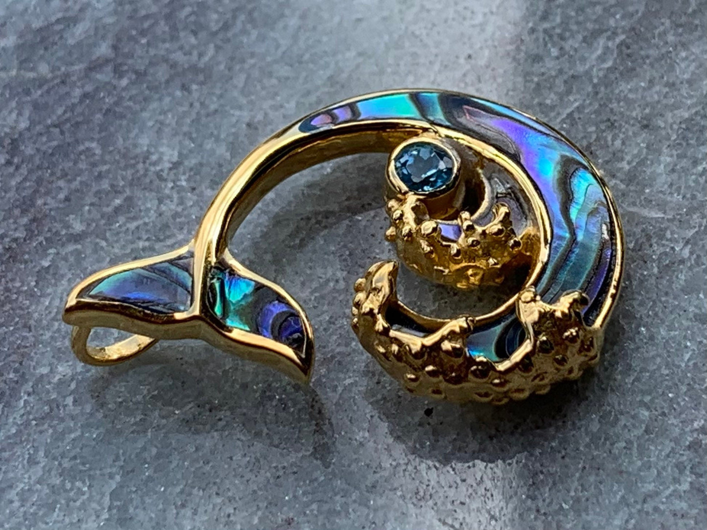 Whale Tail and Wave Swiss Blue Topaz 18k Gold Vermeil Necklace Pendant