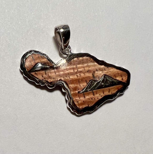 Maui Island Hawaiian Pendant Necklace. Hawaiian Koa Wood. Sterling Silver.