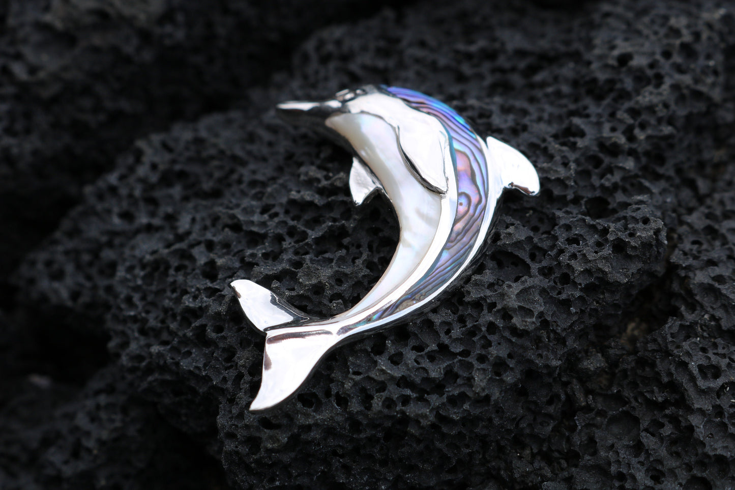 Aumakua Dolphin Necklace Pendant. Abalone Paua Shell, Mother of Pearl, Sterling Silver.
